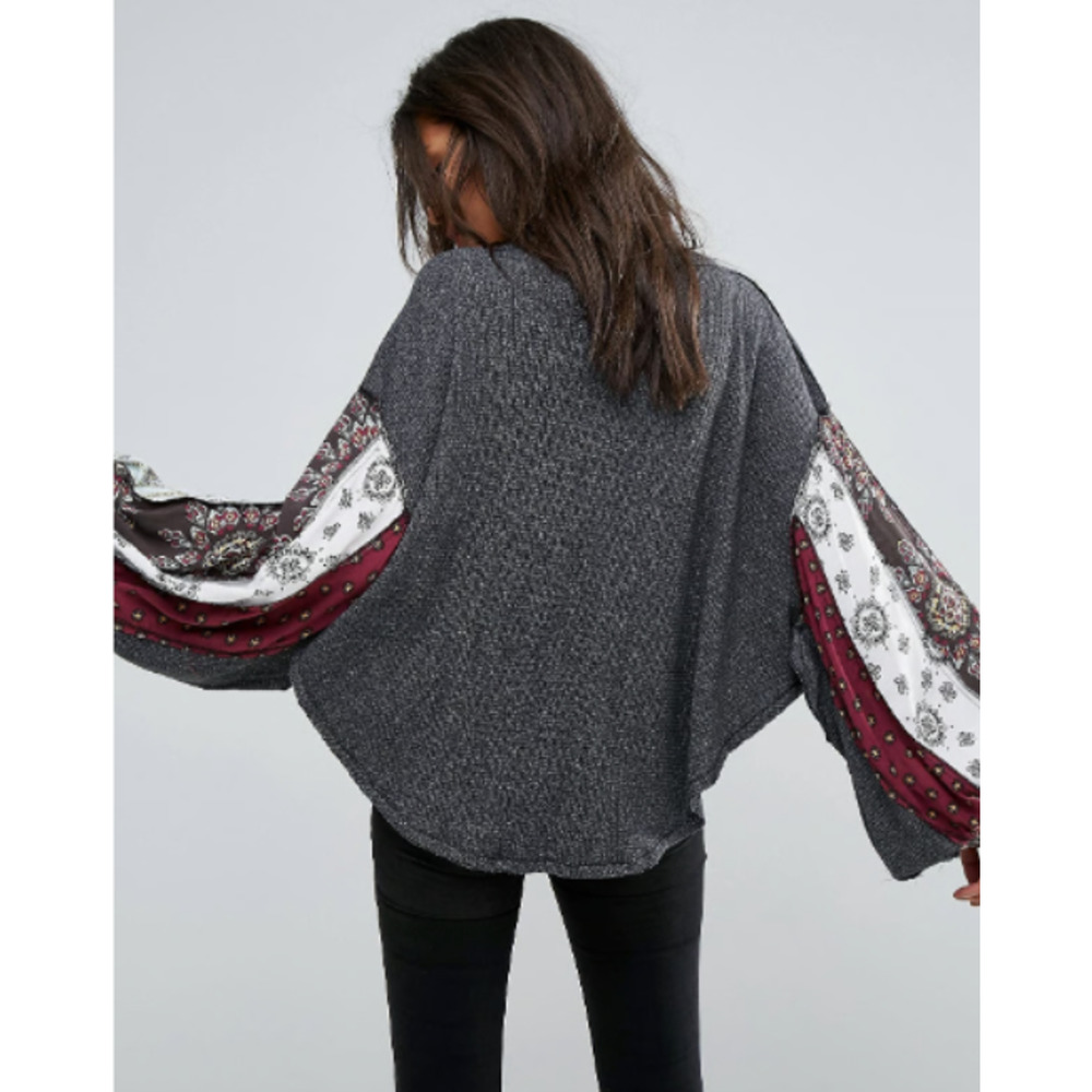 Free People We The Free Blossom Gray Thermal Top Patchwork Balloon Slv Sz M Boho - Picture 12 of 16